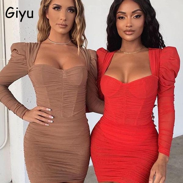 

giyu club party mesh dress women bodycon ruched long sleeve mini dresses 2021 autumn winter square neck elegant vestidos, Black;gray