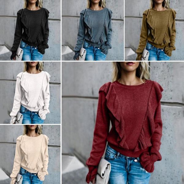 

fashion women solid color ruffled long sleeve o neck pullover t-shirt blouse new 20201, White