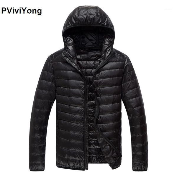

pviviyong 2020 winter new thin down jacket men's coat hooded white duck down jacket plus-size parkas 7791, Black