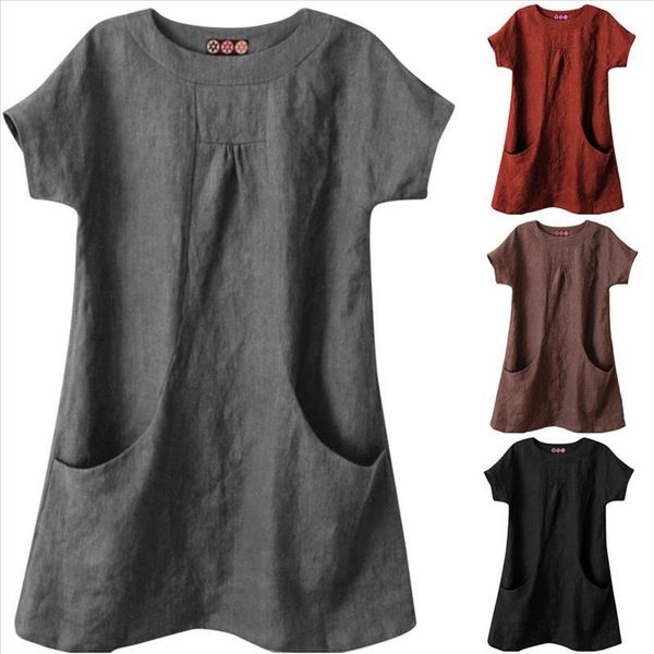 

women summer casual solid round neck short sleeve womens shirts linen loose pocket blouse blusas de mujer verano 2021, White