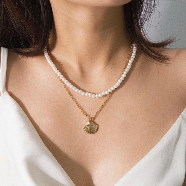 

trendy simple delicate daily pendant neckalce 2 layers imitation pearl alloy shell simple necklace for women casual jewelry 2020, Golden;silver
