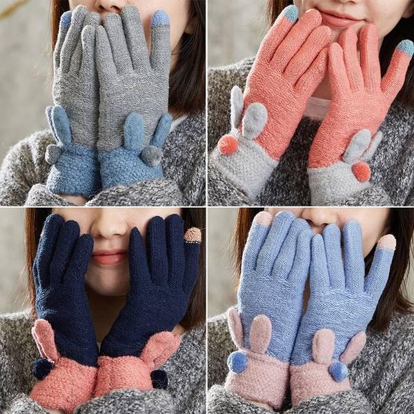 

five fingers gloves women with ear full finger mittens thicken winter warm touch screen soft stretch knit for ladies, Blue;gray