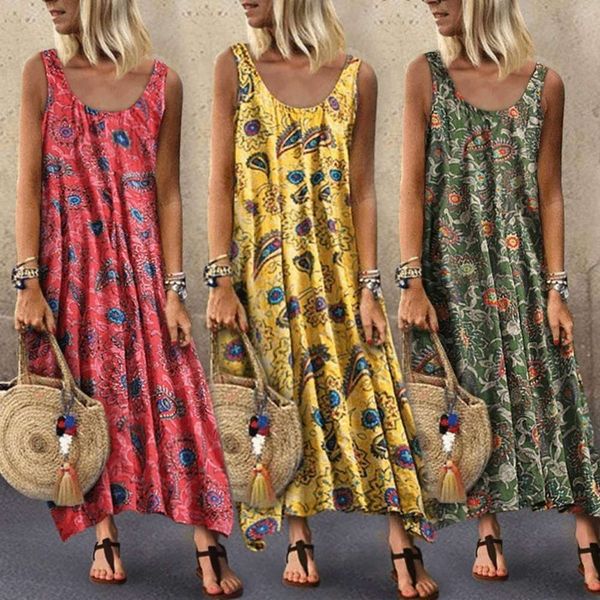 

2020 women's loose holiday print skirt bohemian sleeveless dress women clothes casual dresses for ing, Black;gray