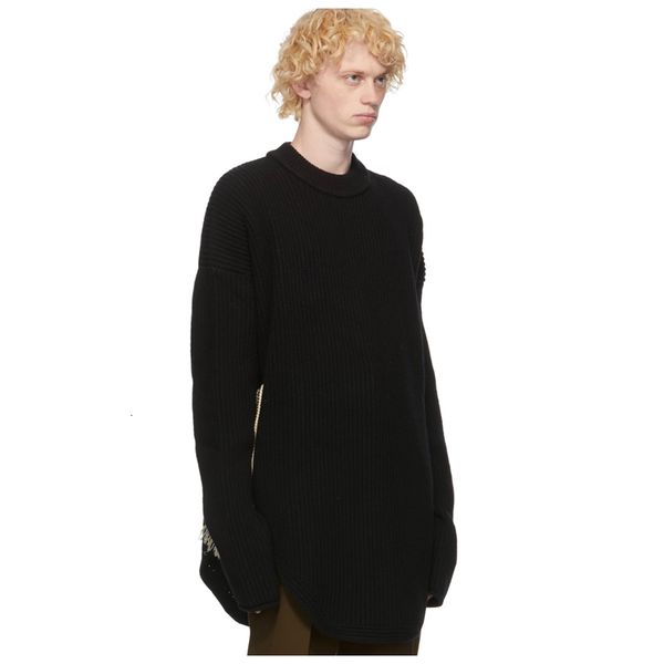 

2021 new british casual street style woven tassel stitching open sleeve knitwear men's and women's black round neck sweater coat 5, White;black