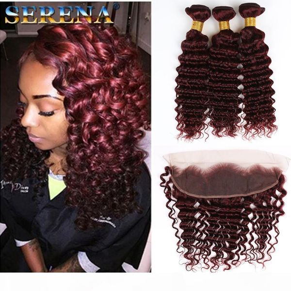 

burgundy hair deep curly 3 bundles 99j brazilian virgin hair afro deep weave beauty products deep weave human hair bundles with 13x4 frontal, Black;brown