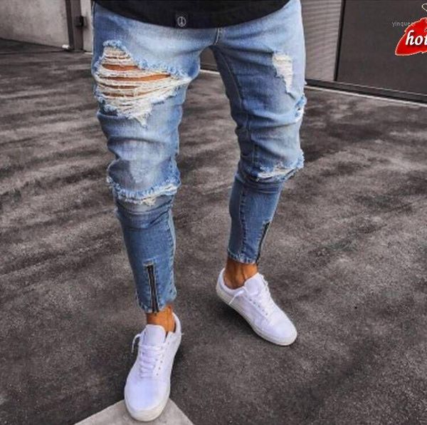 

fashion streetwear men jeans vintage skinny destroyed ripped elastic zipper jeans pants homme hip hop men plus size o8r21, Blue