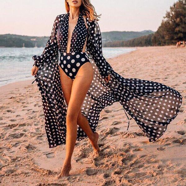 

jin-swhbias women cover-ups chiffon white dot beach swimsuit cover up anti uv beach bikini veil black cardigan long cover dress1, White;black