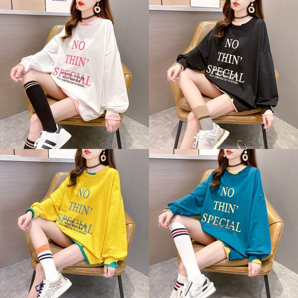 

design of autumn sweater women's sweater a small number of cotton autumn clothes new fake two piece loose round neck korean long sleeve, Black