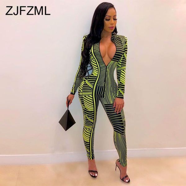 

neon green stripe skinny jumpsuit women deep v neck long sleeve bodycon bodysuit streetwear front zipper club party romper1, Black;white