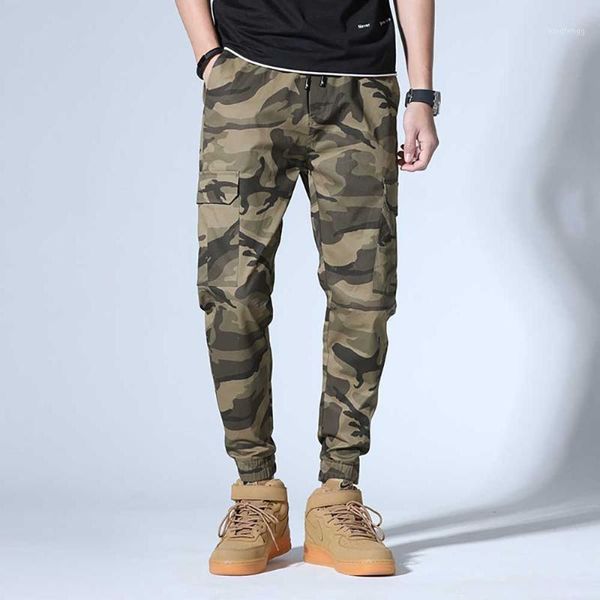 

slim design cargo pants men joggers ankle-length elastic waist trousers army style camouflage harem pants man clothing1, Black