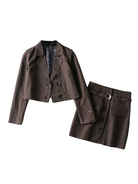 

2021 new winter recommended fine-brown fashion short-striped jacket and high-waisted female skirt two-piece clothes xfos, Black;gray