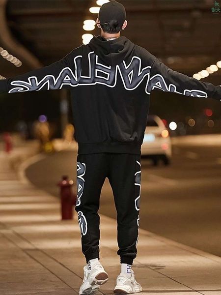 

sweater spring and autumn hooded loose coat couple hip hop suit fashion brand men's wear a set of handsome, Black
