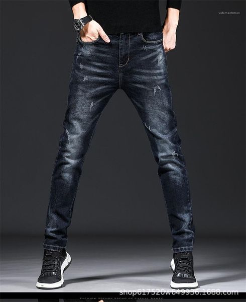 

stretch zipper pocket jeans fashion korean version high street slim trousers designer new male washed casual pencil pants man, Blue