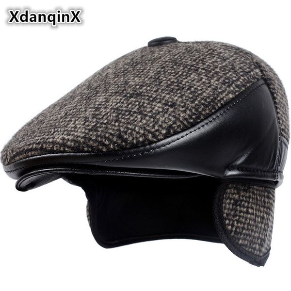

xdanqinx winter style new men's hat woolen thick warm berets with earmuffs male bone dad's hat trucker winter hats for men y200110, Blue;gray