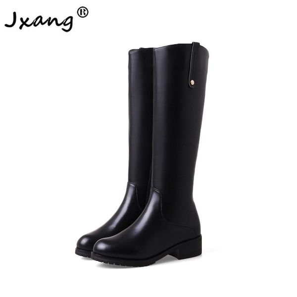 

jxang 2020 new fashion winter leather leather boots women shoes high-heeled thickened mid-calf female warm fashion high boots, Black