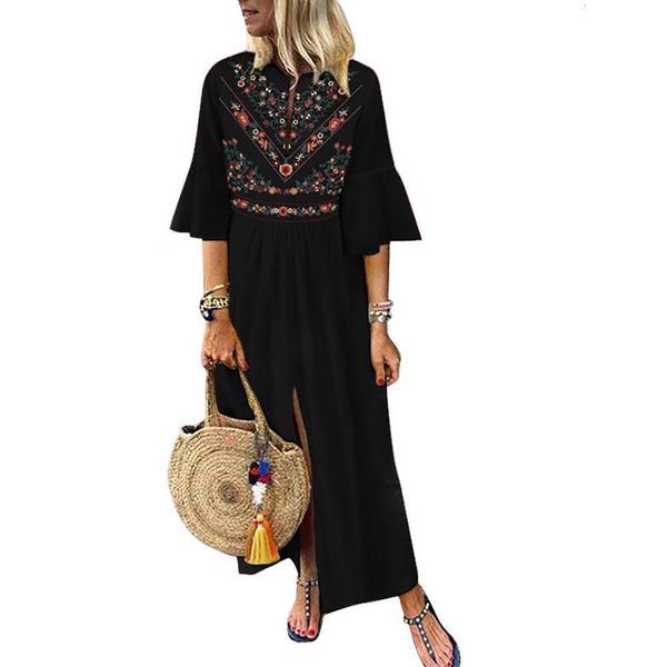 

plus size dress women ethnic flare sleeve v neck floral print a line maxi dress ethnic flare sleeve v neck print, Black;gray