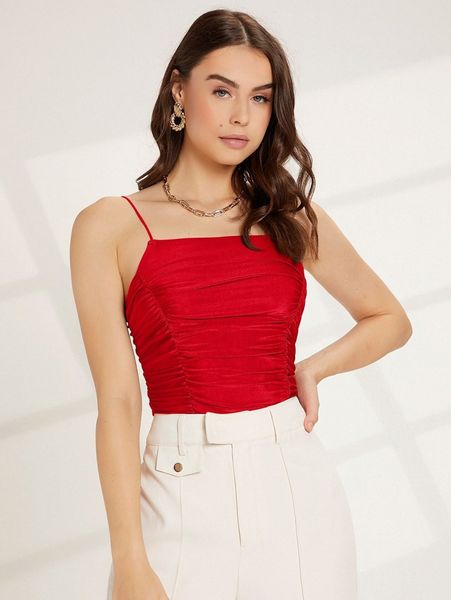 

solid ruched slim cami d3bn#, White