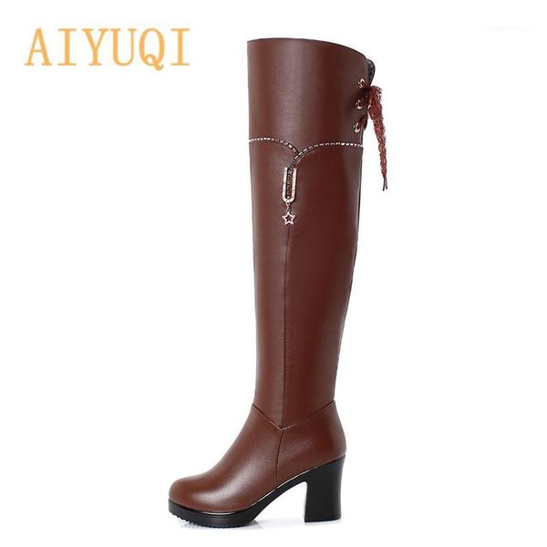 

boots aiyuqi womens thigh high genuine leather rhinestone platform heel black women winter riding1