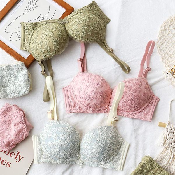 

floral lace bra sets sweet rimless lingerie gather comfortable underwear cotton girl little daisy embroidery bralette set1, Red;black