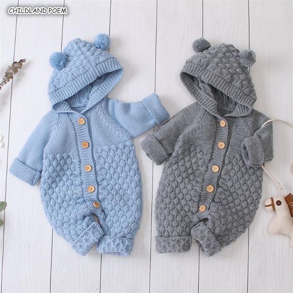 

newborn autumn winter knitted hooded cotton baby jumpsuit for boy girls romper clothes 201028, Blue