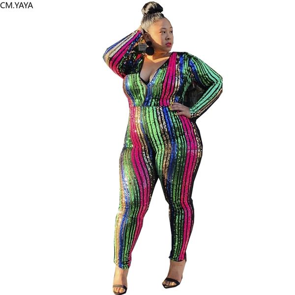 XL-5XL Plus Size Outono Outono Inverno Mulheres Jumpsuits V-Pescoço Manga Completa Lantejoulas Sexy Romper Night Club Partido Outfit One Piece 68 201007