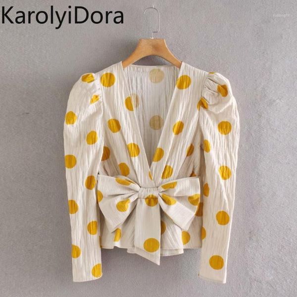 

women vintage bow decoration polka dot print casual slim kimono blouse shirts women chic office blusas pleat chemise 1, White