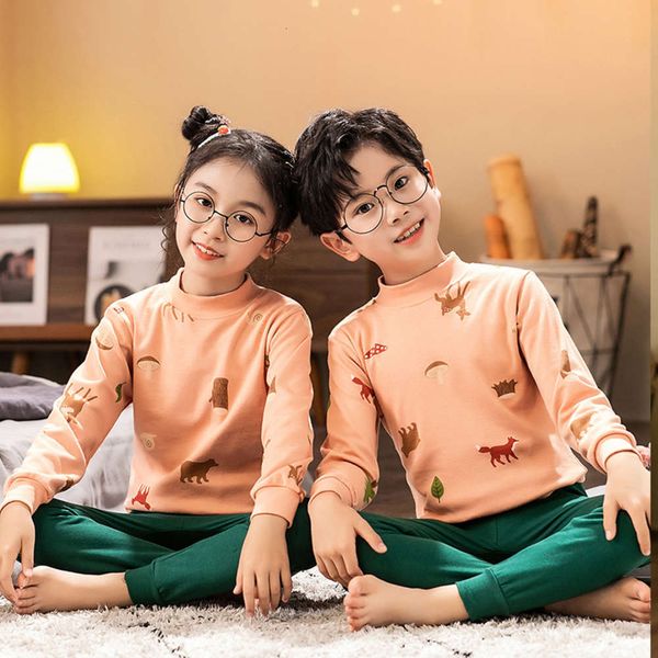 

and children's underwear winter set pure middle pajamas cotton boys' round high collar girls' autumn qk0f, Blue;red