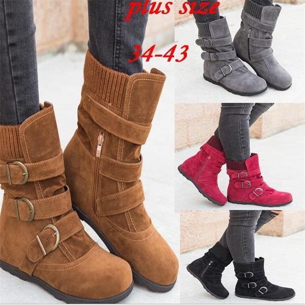 

winter women snow boots mid-calf flock warm fur plush platform flat round handmade sewing toe zip buckle decoration ladies shoes1, Black