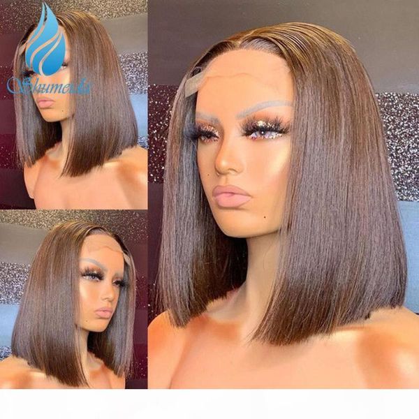 

smd 13*6 lace front human hair wigs brazilian remy human hair brown color short bob wig with baby for black women, Black;brown