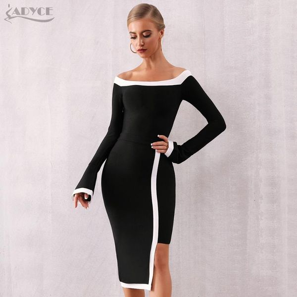 

adyce 2020 new winter long sleeve bandage dress women vestidos slash neck off shoulder club celebrity evening party dresses, Black;gray