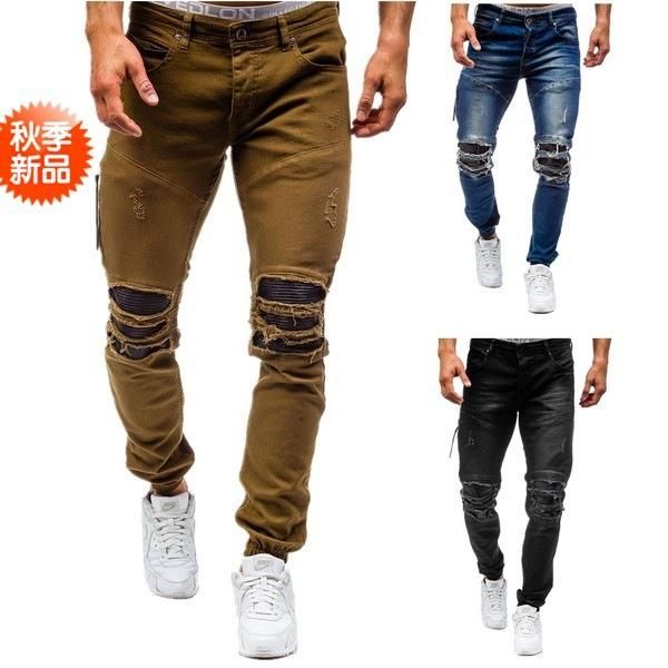 

new man water wash hole cotton trousers trendy jeans 3 colors male pants, Blue