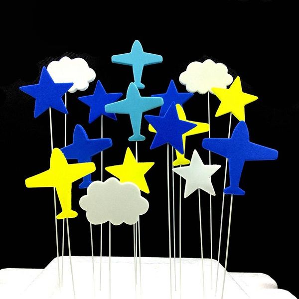 

1set/lot aircraft cloud stars airplane helicopter cake er picks cupcake wire decoration flags kids birthday party supplies
