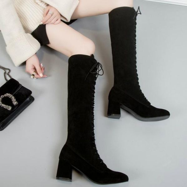 

2020 new woman lace up knee high boots winter warm plush gladiator long booties lady thick heels shoes sapatos feminino, Black