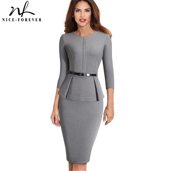 

nice-forever vintage elegant wear to work with belt peplum vestidos business party bodycon office career women dress b473 201029, Black;gray