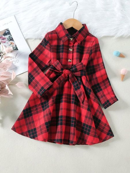 

toddler girls plaid belted shirt dress she01, Red;yellow