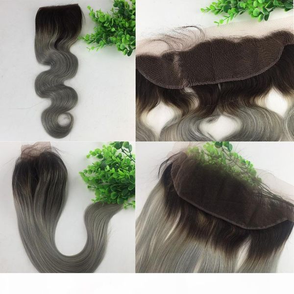 

13x4 brazilian lace frontal closure ombre 1b grey human virgin hair straight body wave bleached knots part, Black