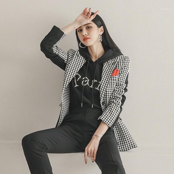 

new female autumn winter high-end pants suit chic slim plaid splicing jacket + high waist pant 2021 women's office clothing1, White