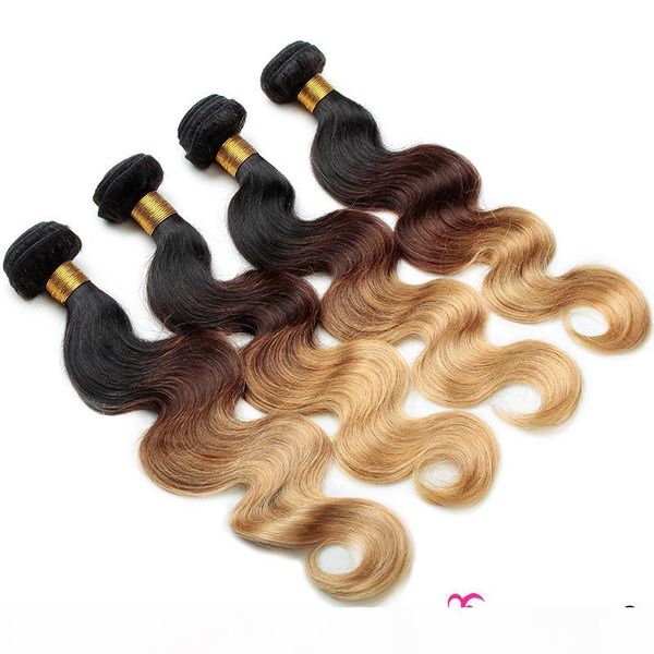 

ombre human hair weaves body wave 3 or 4 bundles three tone 1b 4 27# brazilian virgin hair ombre hair extensions thick bundles, Black;brown
