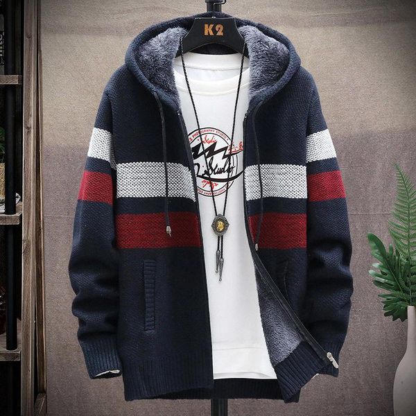 

men's korean trend knitted jacket autumn and winter color cardigan sweater outside winter velvet thickened fashion top, White;black