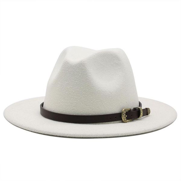 

wide brim hats 56-60cm men women wool felt fedora panama hat with belt buckle jazz trilby cap party formal in pink white, Blue;gray