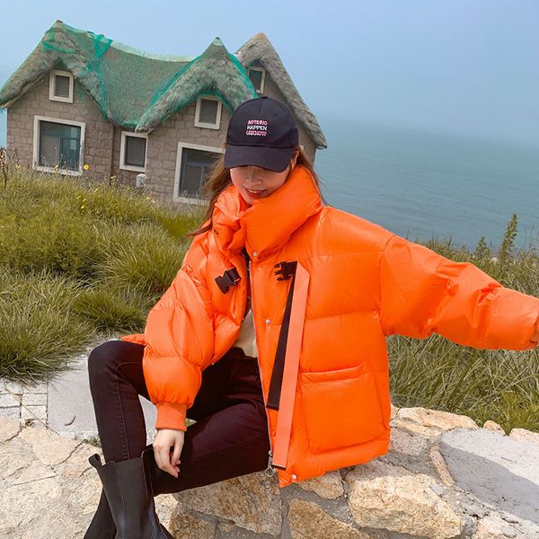 

2021 new brilliant down woman leather short fashion bright parka ladies student clothes winter jacket women's top, Black