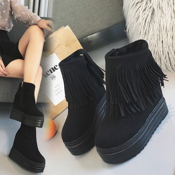 

women's ankle boots 2020 autumn 12cm hidden heel female boots wedges shoes for woman winter plush boot height increase black