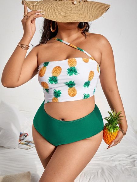 

plus pineapple print cut-out one piece swimsuit j9rx#, Black