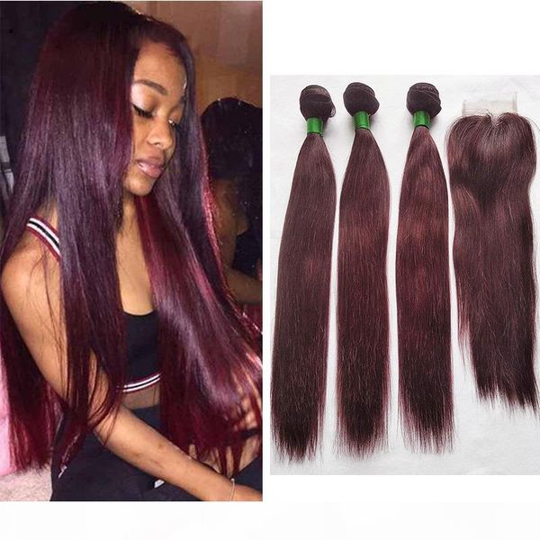 

99j colored hair bundles with closure brazilian dark wine red straight human hair weave 3 bundles with 4x4 lace closure middle part, Black;brown