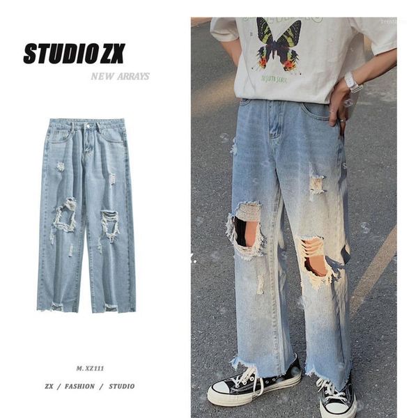

men's jeans 2020 spring new slim-fit, leaky, baggy dad pants nine-quarter jeans relaxed, casual, personalized young men's wear1, Blue