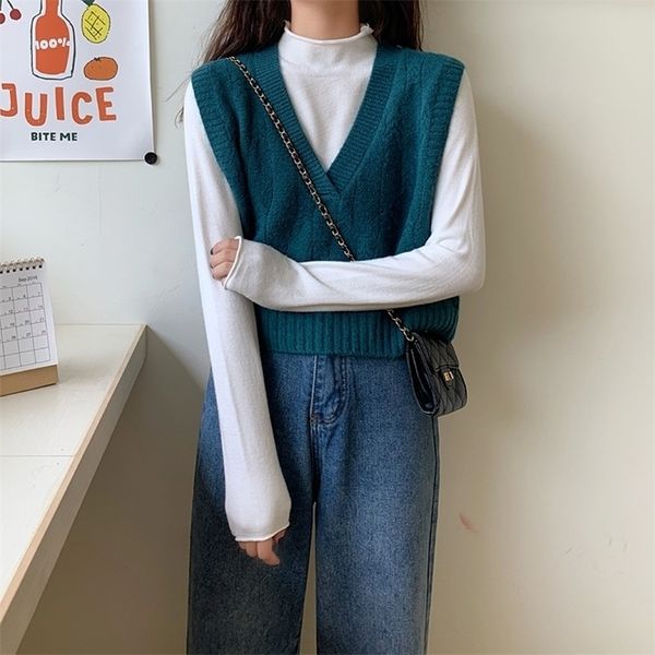 

new loose spring and autumn korean version solid color v-neck short all-match outer wear vest knitted vest women 201202, White;black