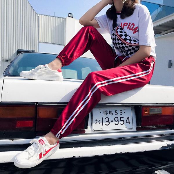 

women's pants & capris fashion harajuk women silk red mid waist hiphop pink black pant with pockets girls jogger dance satin, Black;white