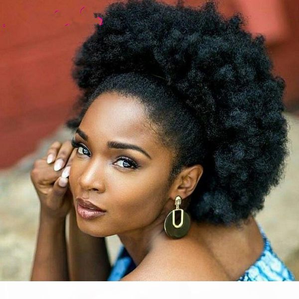 

100 human jet puff afro curly #1 ponytail drawstring short afro kinky pony tail clip in on human kinky curly hair bun, Black