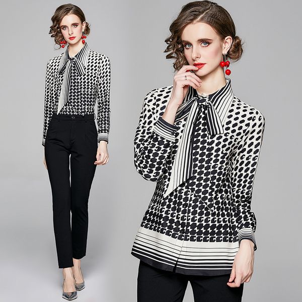 

elegant printed ribbon bow women shirts long sleeve 2022 spring runway designer fashion ladies lapel blouses casual office button down slim, White