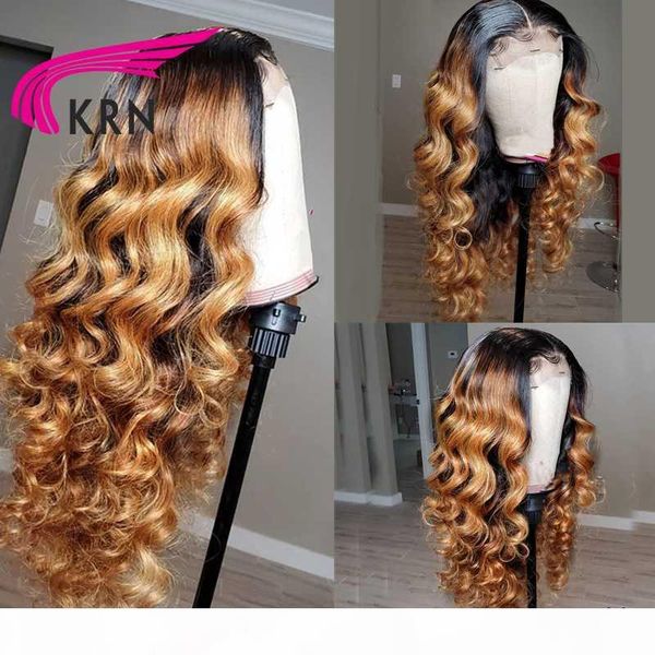 

krn 1b27 ombre honey blonde lace front human hair wigs with baby hair wave remy middle ratio 180density 13*6 lace wig for women, Black;brown